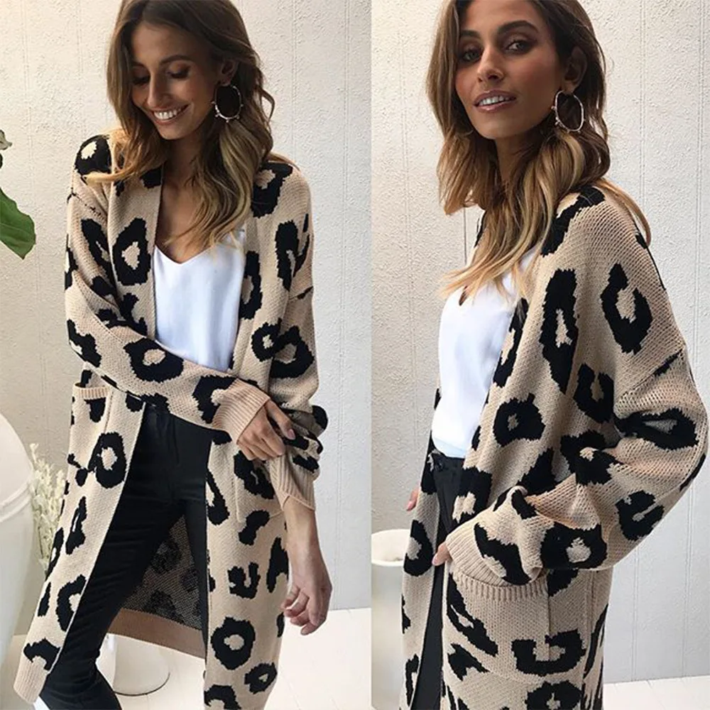 Las mujeres leopardo Rebeca larga y tejida manga larga Jersey abrigo para mujer Otoño Invierno prendas de vestir abrigos mujeres Streetwear suéter