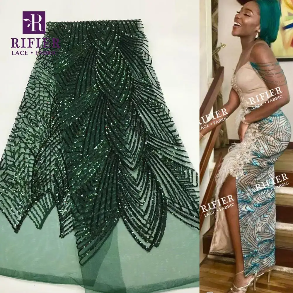 

2019 New Arrival Sequined Tulle Lace Fabrics Green Colour Senegal Sequins Mesh Net Lace For Indian Lady Prom Drees Lace Material