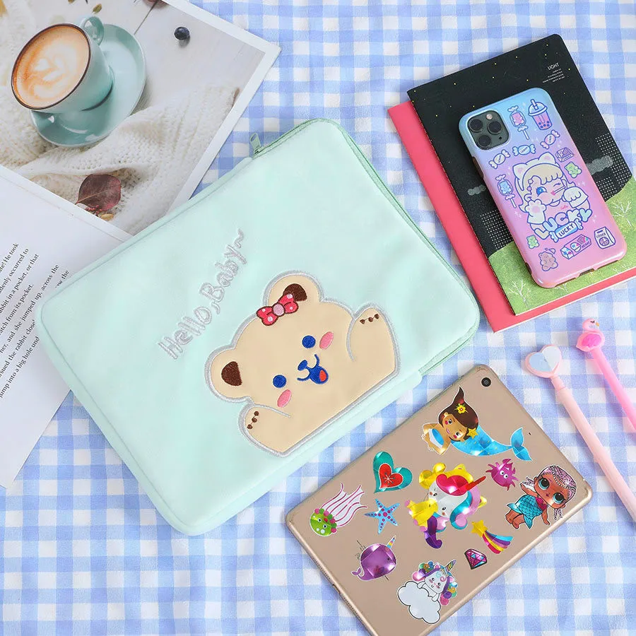 Bear Handbag holder for 10.5 11 inch Mac Ipad liner  Ins Cartoon Laptop iPad Case Day Clutch Embroidery Soft Book Organizer Bag
