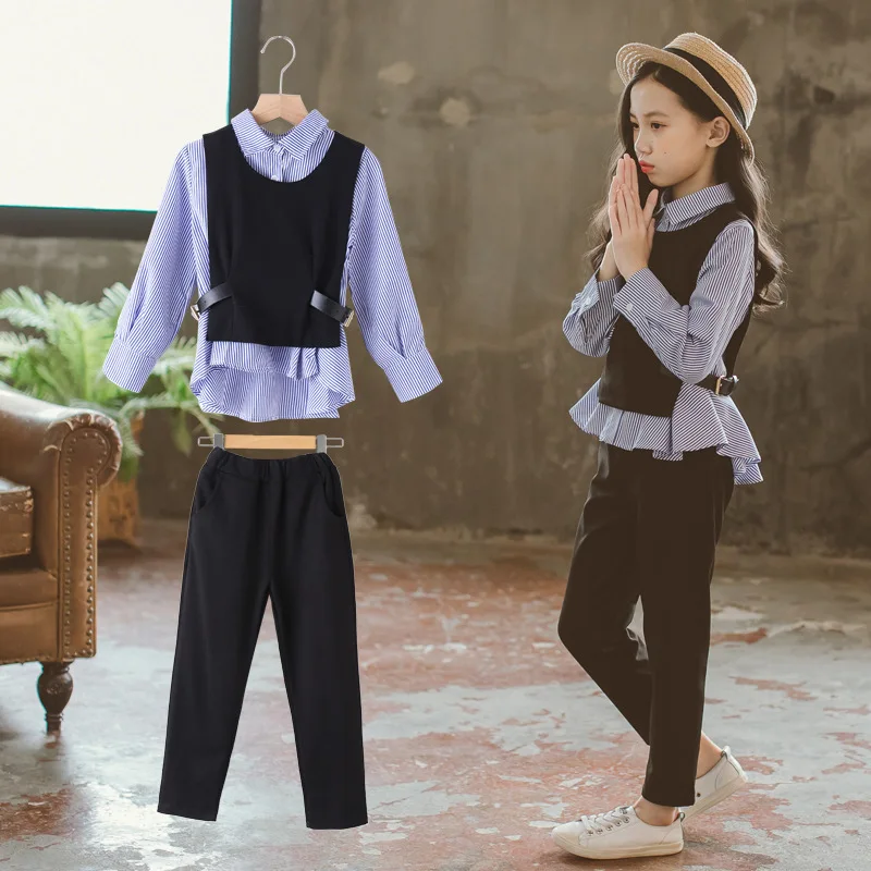 

CHILDREN'S Three-piece Suit 2019 Spring And Autumn New Style Girls Striped Shirt-Style Waistcoat Trousers Three-piece Set
