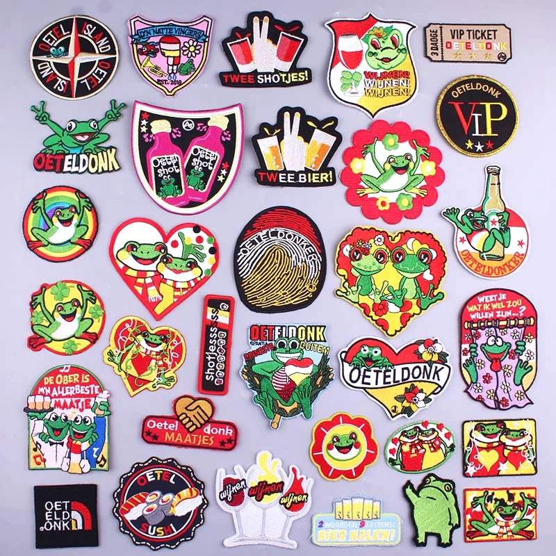 

Prajna Cartoon Frog Iron On Patches For Clothing Oeteldonk Emblem Frog Carnival for Netherland Embroidered Patches Stripe Badges