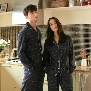 

Cherry Pajama Sets Sleepwear Women Men Autumn Cotton Full Couple Round Neck Collar Casual Pyjamas Women Elegant Sleepwear Women