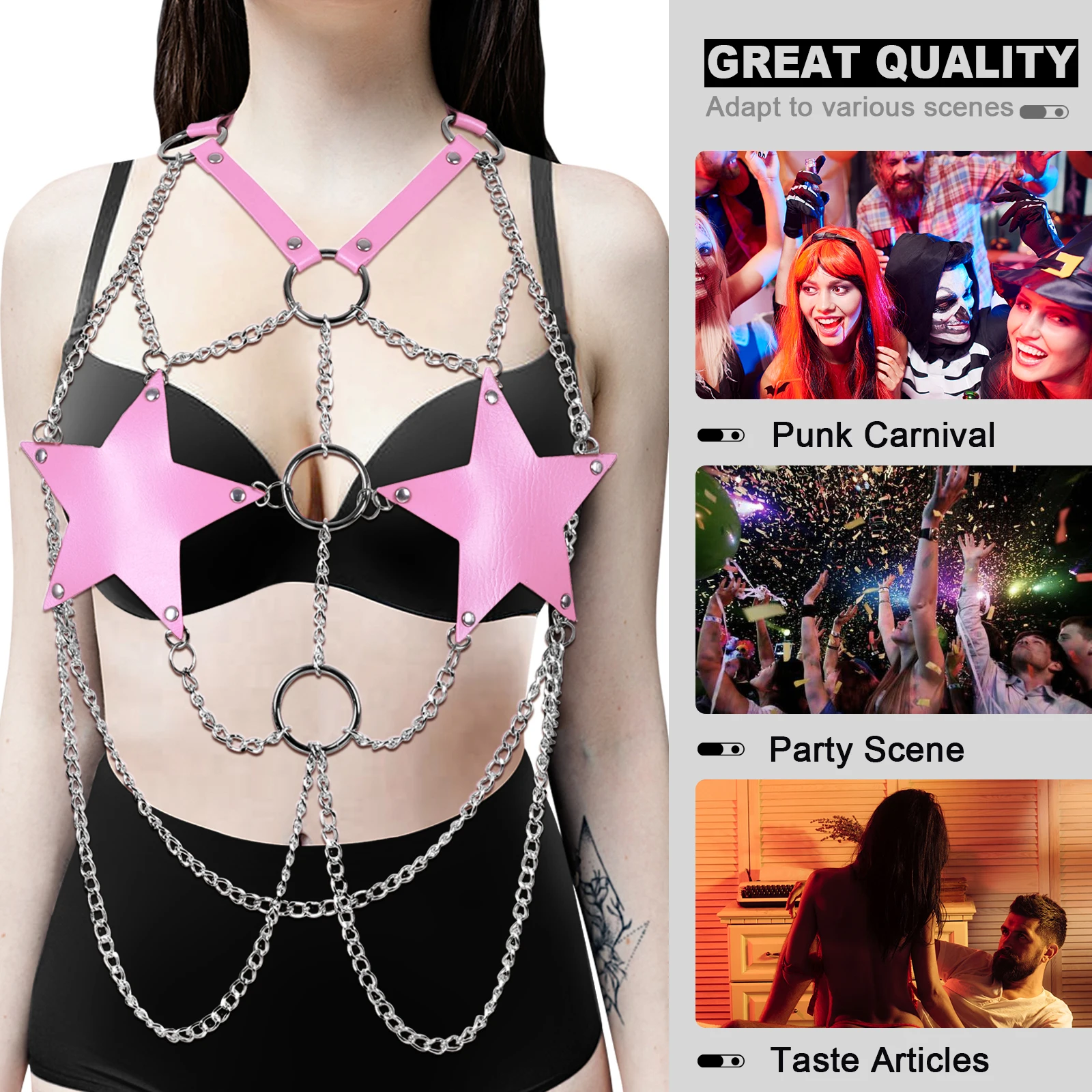 

Gothic Leather Body Harness Chain Bra Top Chest Belt Witch Punk Fashion Leather Pentagoram Festival Jewelry Exotic Accessories