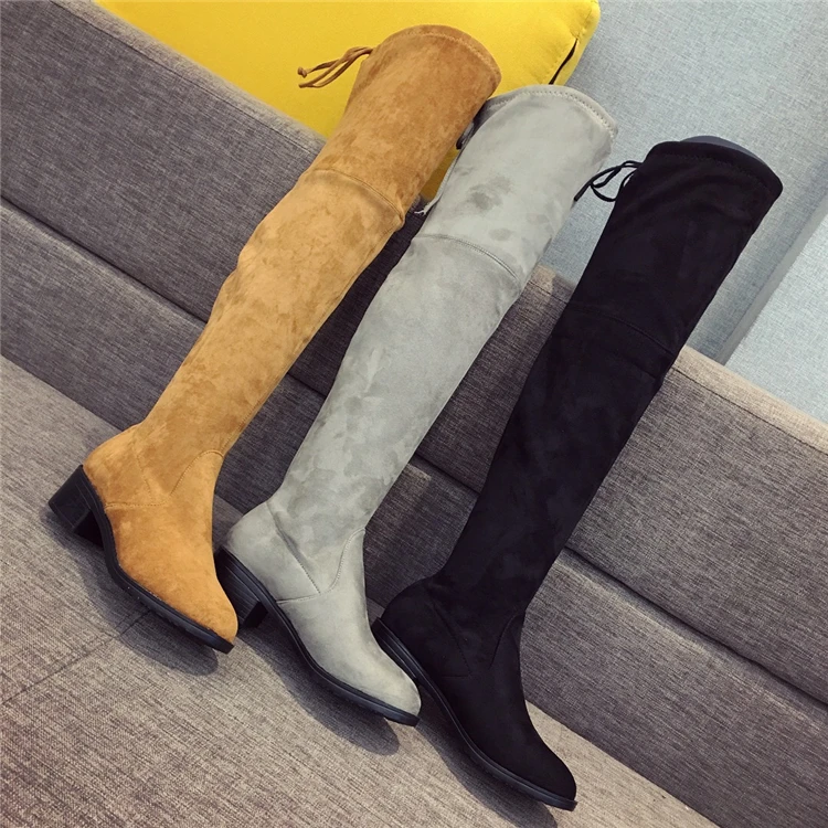 Модные женские сапоги выше колена из флока зимние сапоги из эластичной ткани сапоги до колена без застежки с круглым носком модельная обувь, большие размеры 41