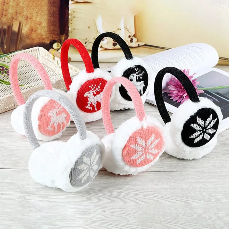 1 piece adjustable Christmas wool stitching plush warm earmuffs snowflake fawn pattern knit faux fur warm headphone headdress