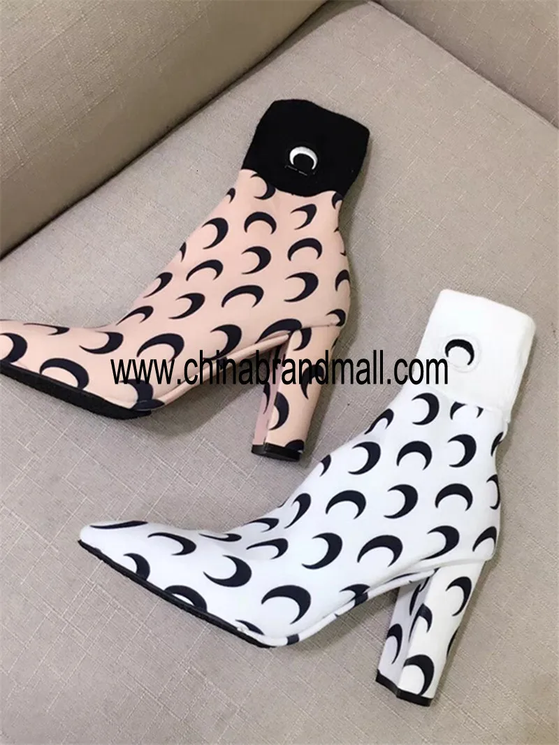 

White Pink Women Boots Stretch Fabrics Mid Calf Boots Spring Autumn Shoes Thick High Heels Pointed Toe Fashion Ladies Sock Boots