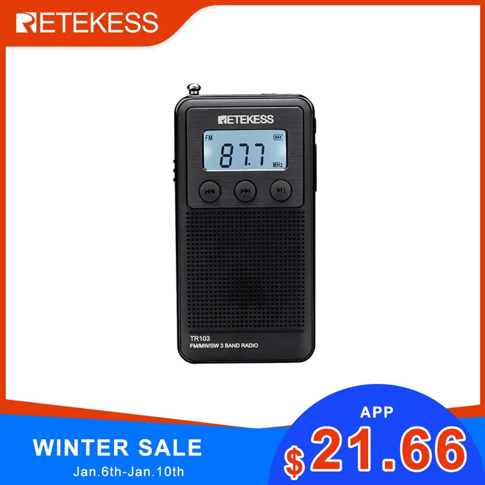 

Retekess TR103 Pocket Portable Mini Radio FM / MW / SW Digital Tuning Radio 9/10Khz MP3 Music Player with Rechargeable Battery