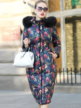 

Women's Down Jacket Women Winter Real Raccoon Fur Hooded Duck Down Coat Female Korean Floral Warm Down Parkas Hiver 008