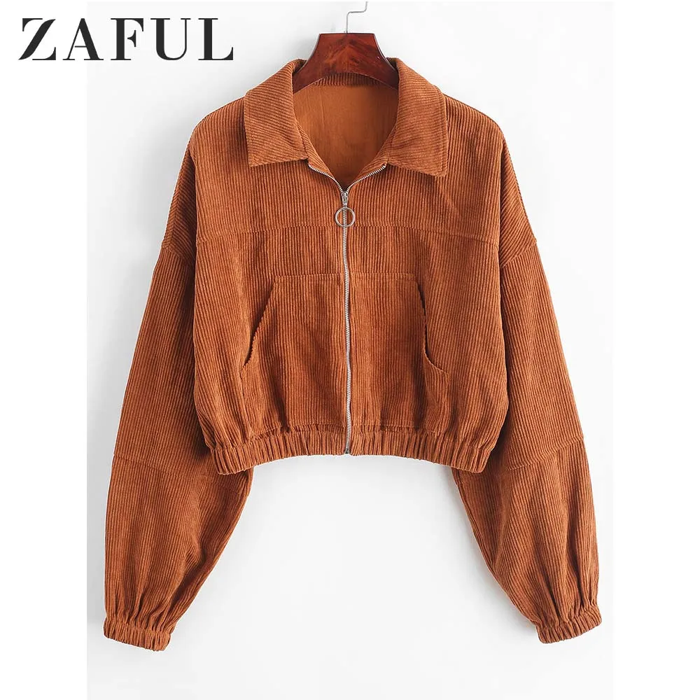 

ZAFUL Corduroy Pocket Pull Ring Drop Shoulder Jacket Women Zip Up Wide-waisted Turn-down Collar Pockets Coats Outwear Streetwear