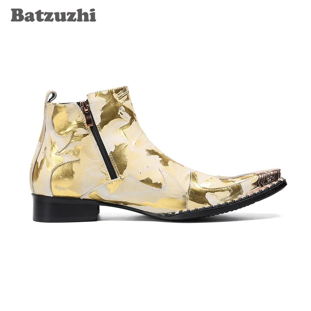 Batzuzhi Luxury Handmade Men Boots Pointed Iron Toe Men's Leather Ankle Boots Gold Rock Party and Wedding Footwear botas hombre