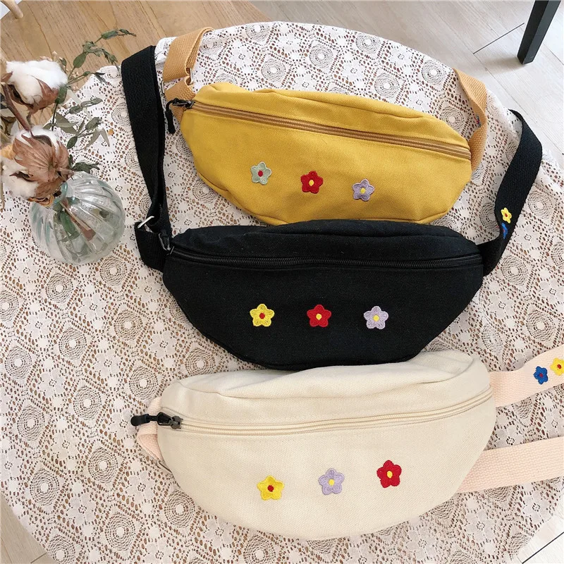 

Sun flower canvas small bag flower embroidery waist bag student's vintage girl chest bag Cute Messenger Bag