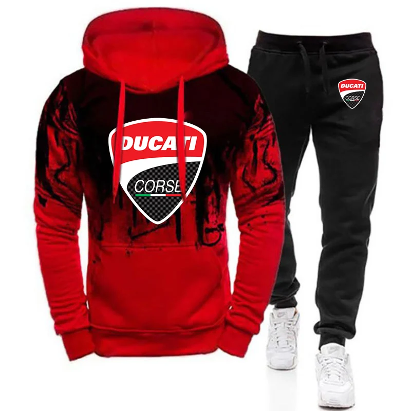 mens linen short sets Ducati 2021 Men New Autumn Fashionable Print Set Hoodie + Pant Two Piece Suit Tracksuit Gradient Casual Sweatpant Sets Sportwear mens loungewear sets