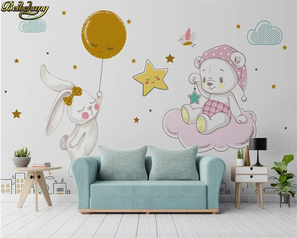 3d wallpaper mural nordic minimalist hand drawn cartoon fantasy star white rabbit children room background wall paper