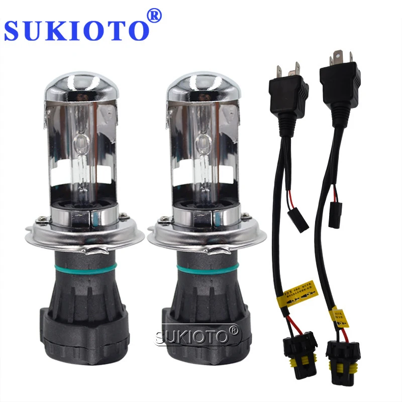 SUKIOTO 2PCS H4 Bixenon HID Bulbs Car Headlight H4-3 HiLo Xenon Lamp 4300K 5000K 6000K 8000K 10000K With 2PCS Harness Cable Wire (1)
