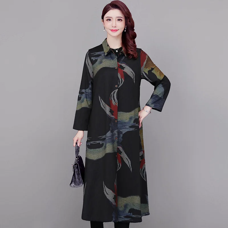 

2020 Spring And Autumn New Style Large Size Loose-Fit Elegant Retro Trench Coat Women's Printed Mid-length over-the-Knee Cardiga