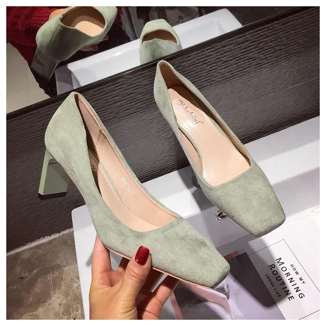 Square High Heels Shoes Woman 2020 Autumn Flock Faux Suede Square Toe Black Heels Women's Shoes Office Ladies Female Pumps Shoes Green