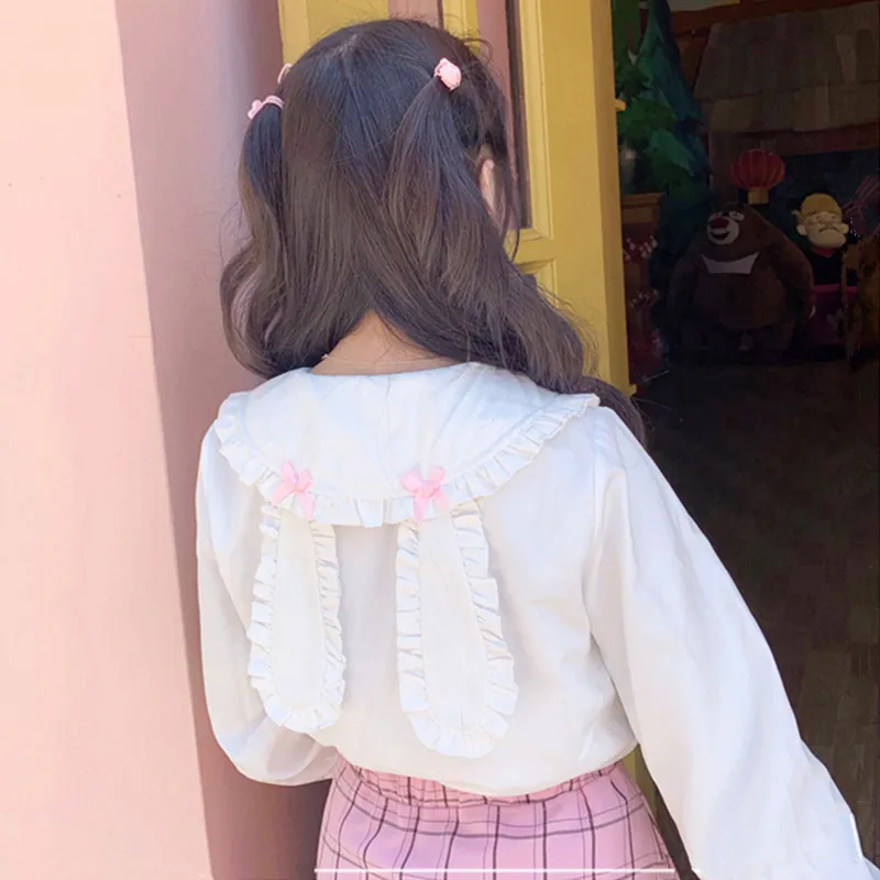Женская милая мягкая рубашка с длинными рукавами и розовыми заячьими ушками