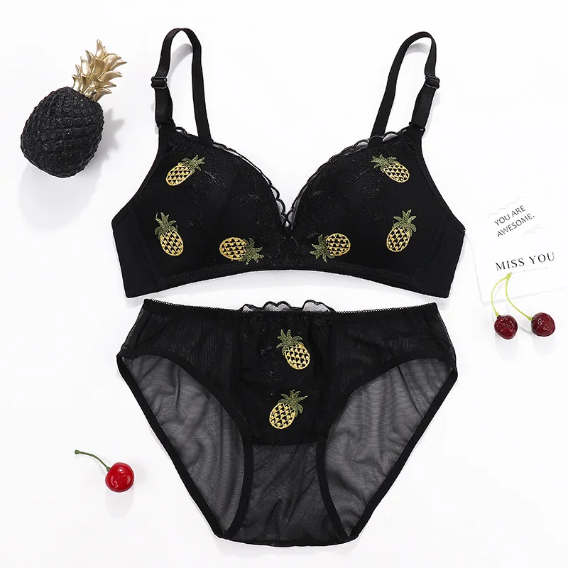Black pineapple set Лидер продаж, Женский комплект нижнего белья, беспроводной Ультра-тонкий комплект с бюстгальтером с вышитыми фруктами и цветами, сексуальное кружевное романтическое женское белье, бюстгальтеры пуш-ап - Цвет: Black pineapple set