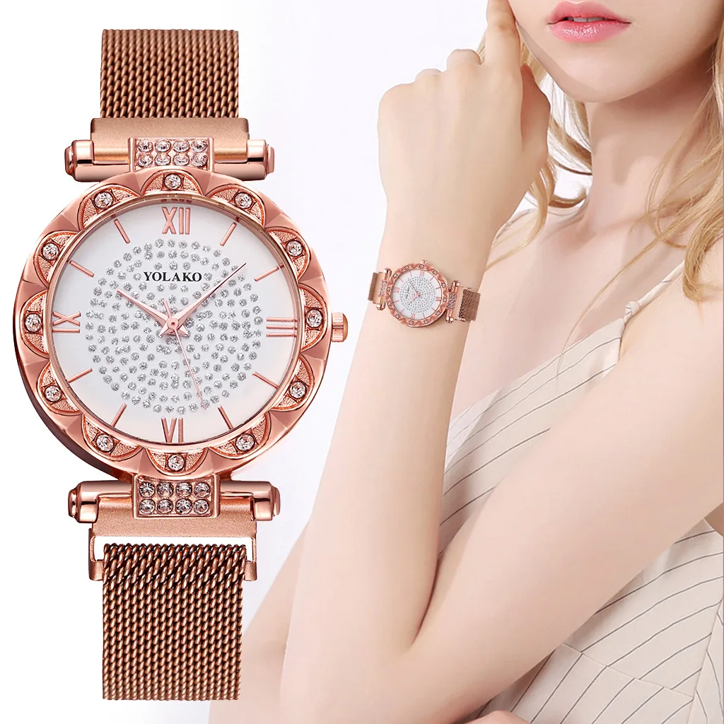 

Top Brand Rose Gold Watches For Women Mesh Band Starry Crystal Quartz Watch Geometric Surface Casual Women Quartz Wristwatch