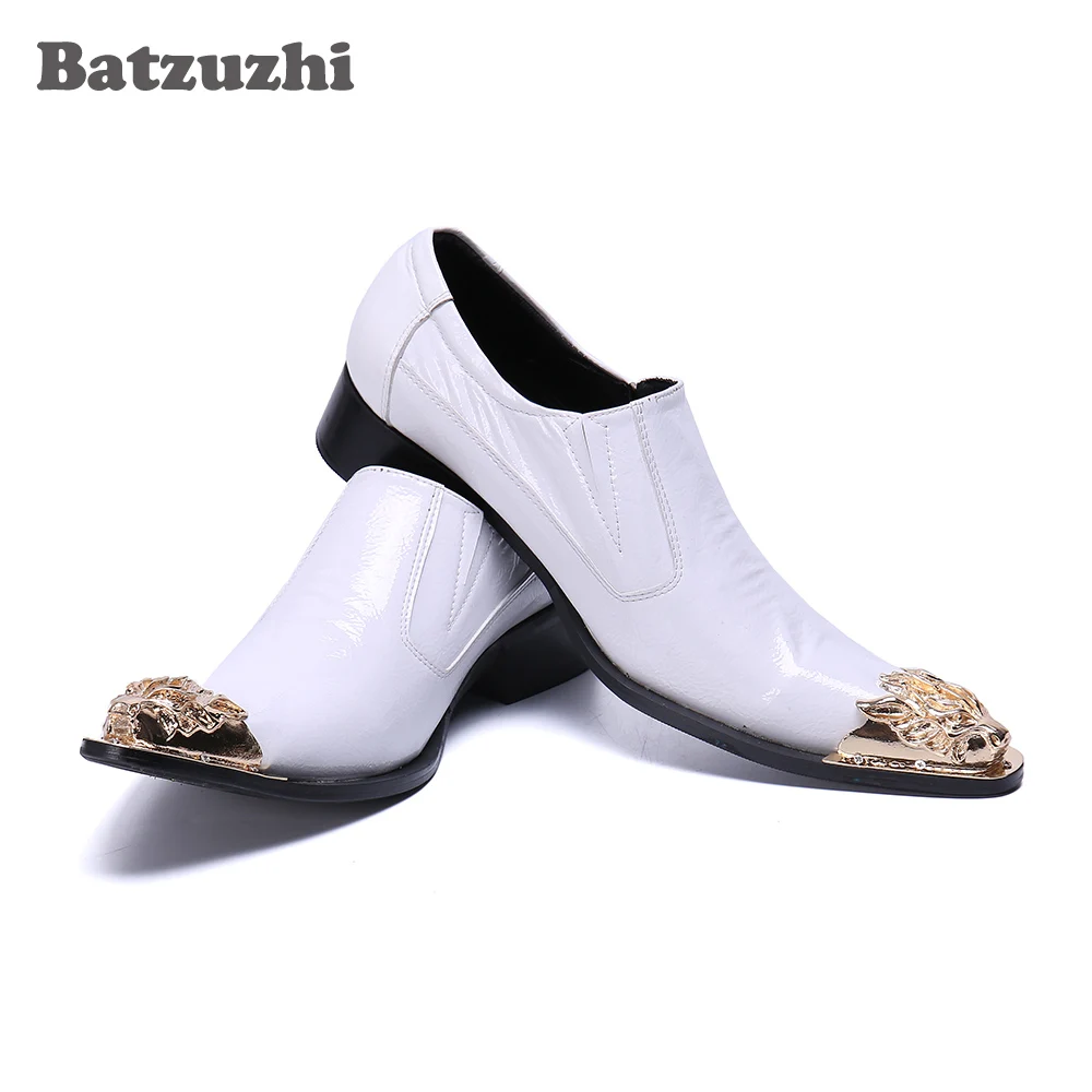 Batzuzhi Italian Style Handmade Men's Shoes Pointed Toe White Leather Shoes White Wedding Dress Shoes Zapatos Hombre, 38-46