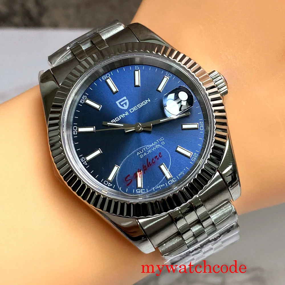 

Luxury Pagani Design 42mm 24 Jewels NH35 Mechanical Automatic Movement Men Watch Clock Blue Dial Auto Date Jubilee Strap