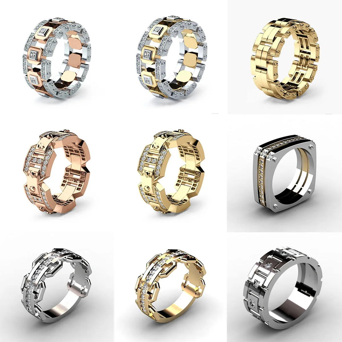 Stainless Steel Chain Originality Jewelry Rose Gold Chains Two-color CZ Crystal Stone Rings For Men Women Gothic Designer Ring | Украшения
