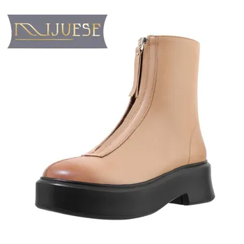 

MLJUESE 2021 women Ankle boots Cow leather winter short plush Round Toe Zipper High heels female Riding boots size 39