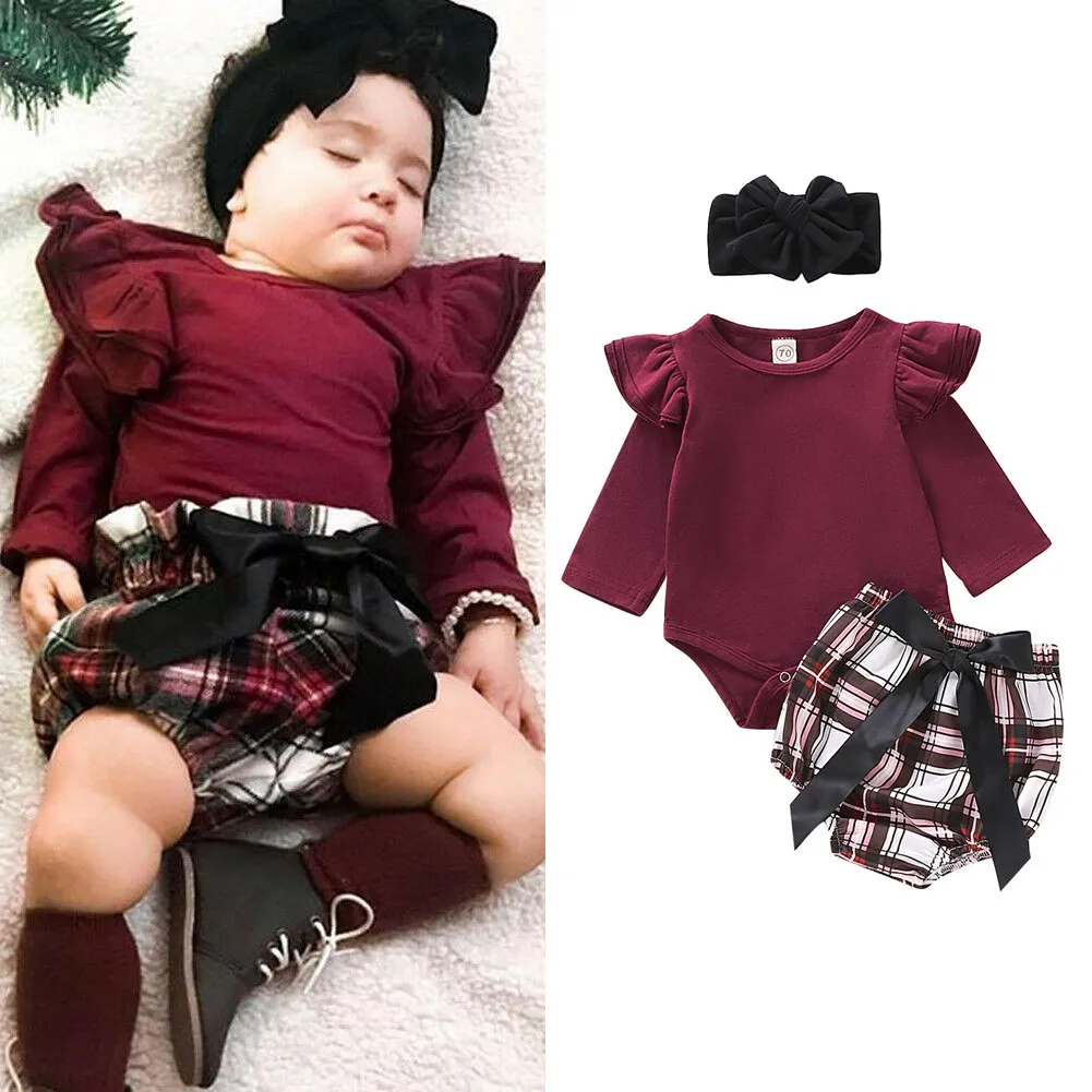 

Toddler Girl Clothes Cotton Full Sleeve Solid Romper+Lace up Bow Shorts+Hairband Outfits Kids Clothes Girls roupa infantil