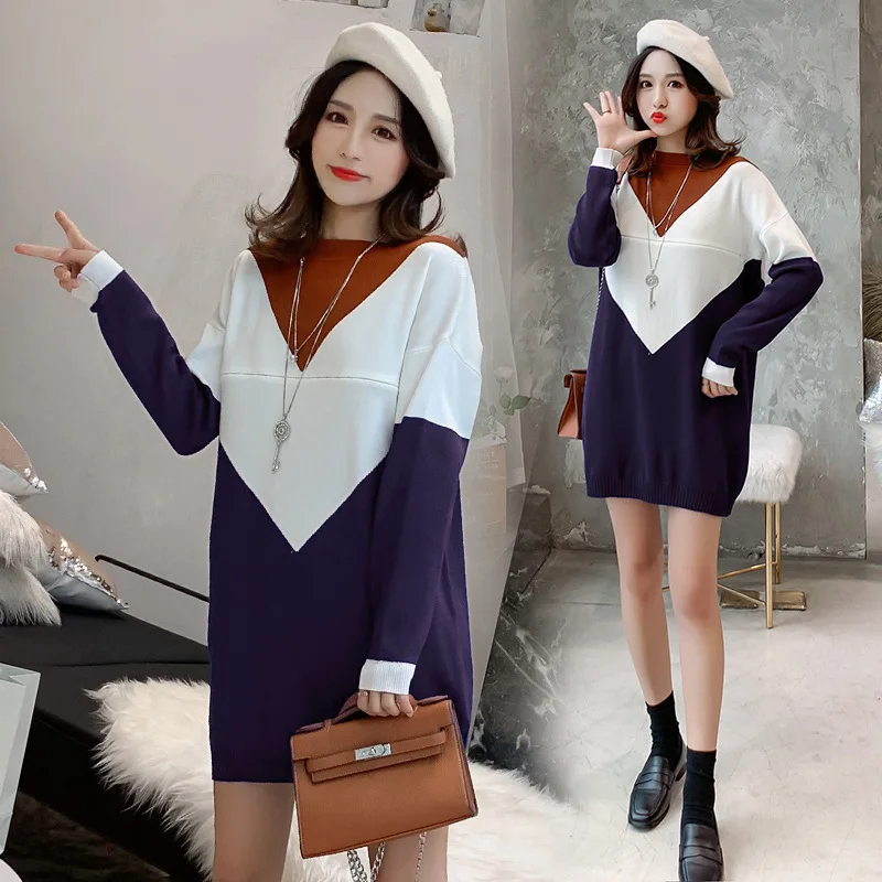 

Pregnant Women Sweater Mid-length Loose-Fit Pullover Warm Coat 2019 Autumn & Winter-Nursing Contrast Color V-neck Sweater