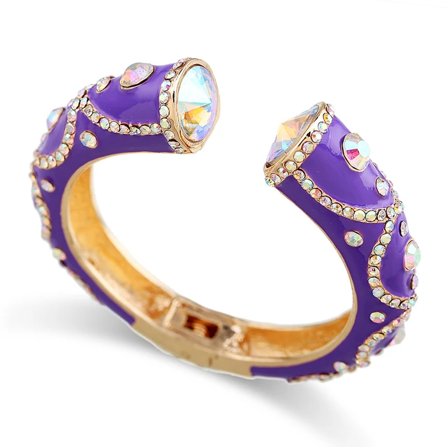All Seasons Women's Enamel Color Statement Fashion Bangle Cuff Bracelet Gold Plated Inlaid AB Rhinestons Cuff Bangle Purple