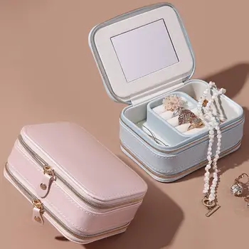 

Double Zipper Jewelry Storage Box Portable Ring Earrings Necklace Organizer Faux PU Leather Lipstick Cosmetic Case With Mirror
