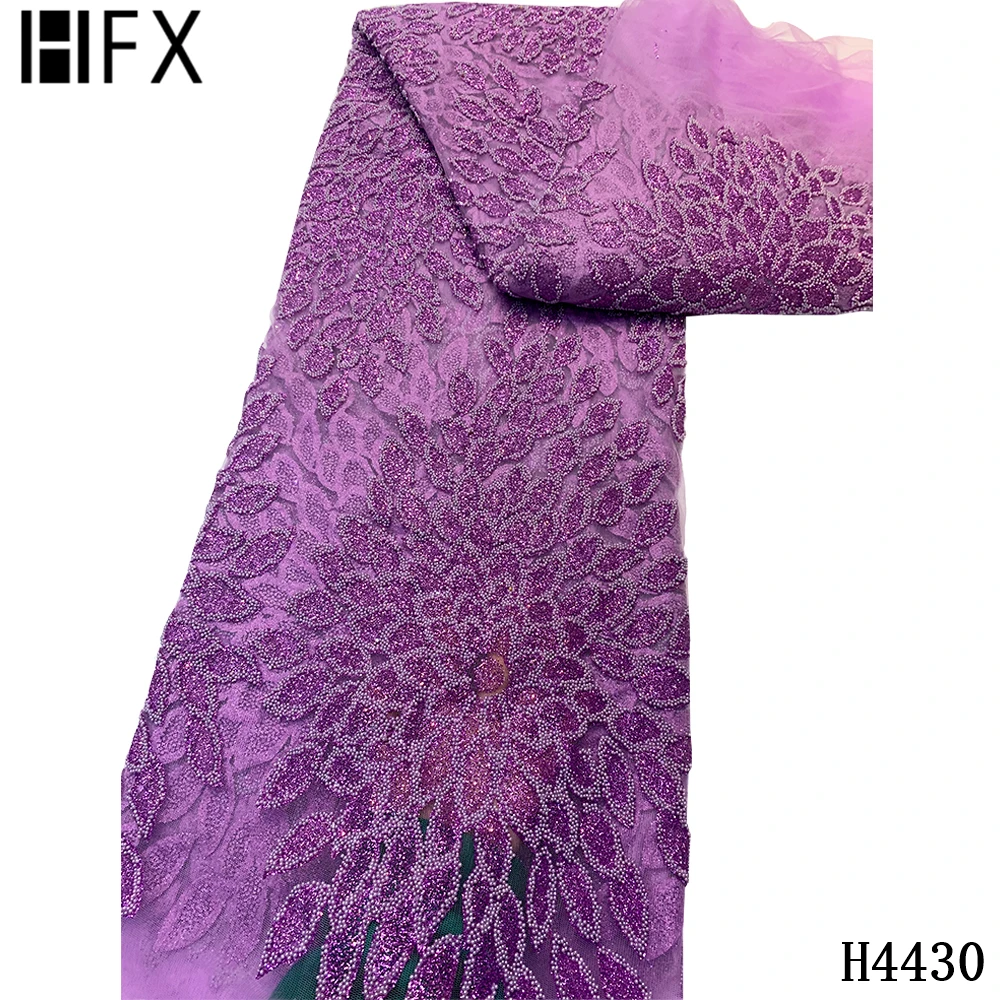 HFX African Sequins Lace Fabric 2021 French Tulle Lace Fabric Glued Beaded Embroidery Mesh Fabric For Party Wedding Dress F4430