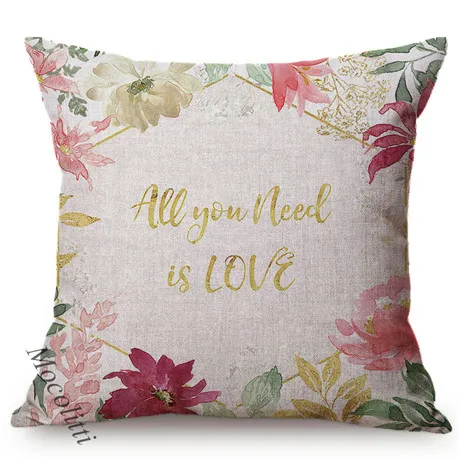 Nordic Valentine's Day Water Color Flowers And Letters For Love Decoration Sofa Throw Pillows Cotton Linen Square Cushion Cover M192-2