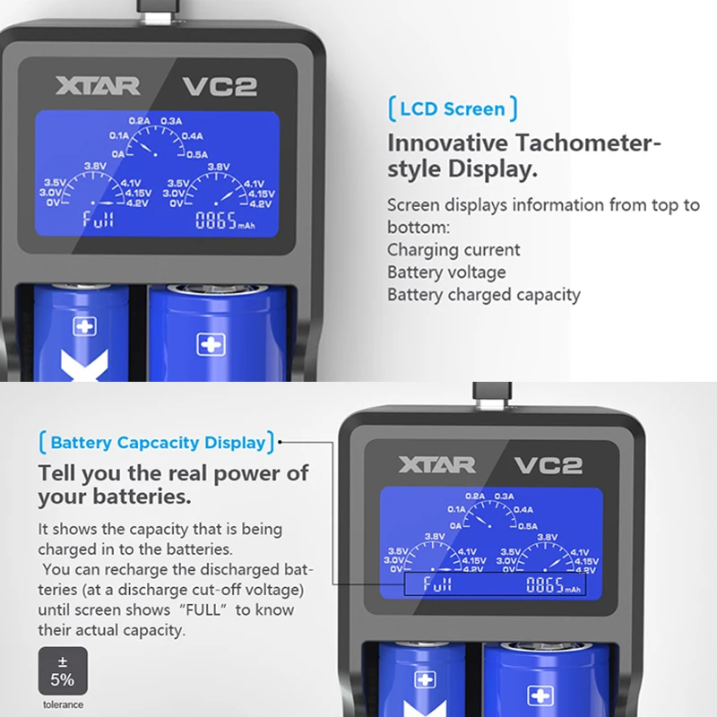 XTAR VC2 Батарея Зарядное устройство Тесты Ёмкость USB с ЖК дисплей Дисплей зарядки