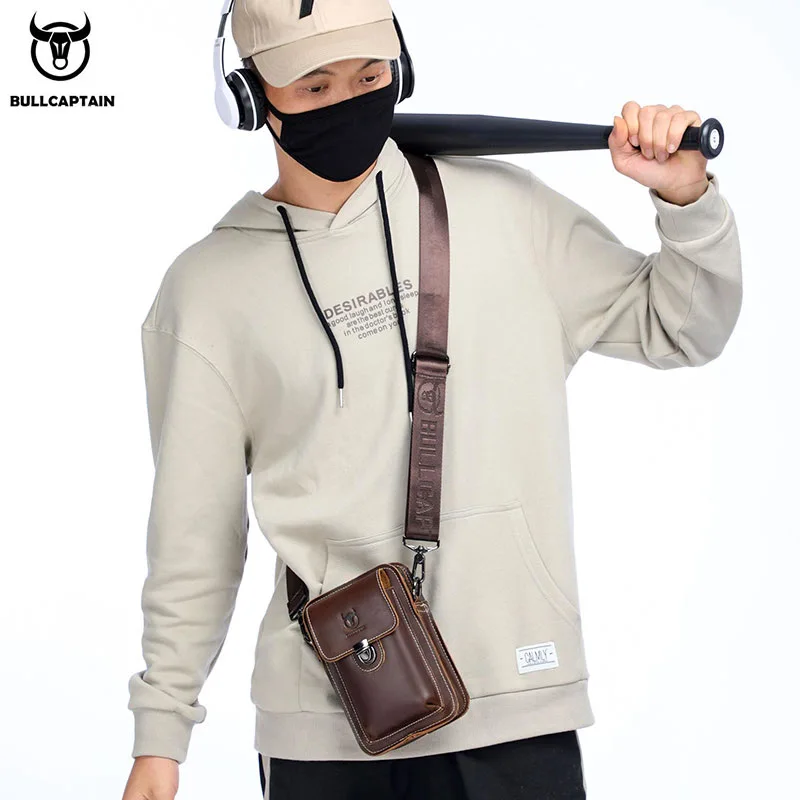 BULLCAPTAIN100% Crazy horse leather Male Waist Pack Phone Pouch Bags Waist Bag Men's Small chest Shoulder Belt Bag back pack075