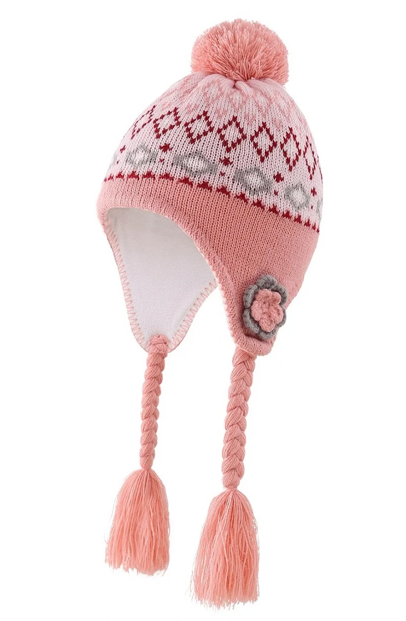 Новинка; милая теплая зимняя шапка с черепом для маленьких девочек; флисовая Вязаная Детская шапка-ушанка с помпоном - Цвет: Pink-Coral