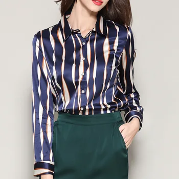 

Natural Silk Women Blouse Printing Spring Summer Polo Collar Casual Full Sleeve Relaxed Fit Top for Elegant Office Ladies ssh002