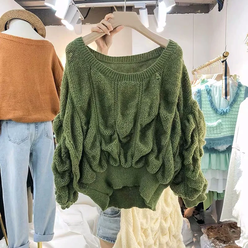 Neploe с вырезом лодочкой, сексуальный пуловер без бретелек, свитер с длинным пышным рукавом, женский свитер,, Осень-зима, однотонный, корейский стиль, вязанный джемпер, 55916 - Цвет: green