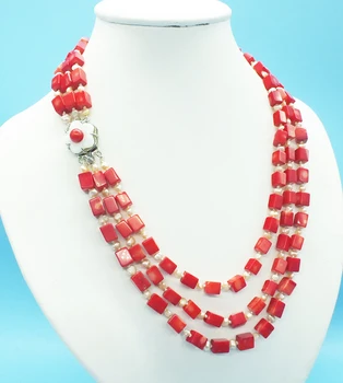 

3 rows of natural red coral and pearl necklaces. Classic ladies wedding anniversary necklace !! 19'-22"