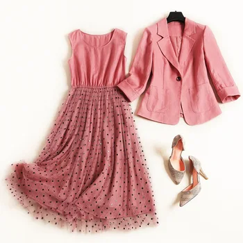 

2019 Fashion Ol Autumn Pink Suit V Neck Three Quarter Sleeves Jacket Matching Polka Dot Mesh Dress 2 Piece Set Women Outfit