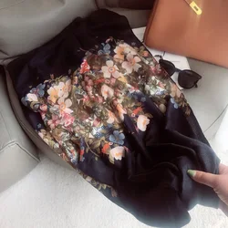 2022 Fashion Black Lotus Floral Viscose Scarf Lady High Quality Hijab Shawls and Wraps Female Foulards Echarpe Designer 180*90Cm
