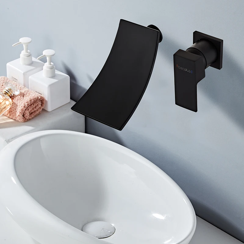 洗面台ミキサーの蛇口,黒と金,自然なカスケード効果,バスルームの壁の設置 AliExpress Mobile