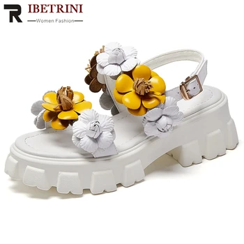 

RIBETRINI New Luxury Brand Flat Platform Shoes Women Sweet Genuine Leather Flower Sandals High Chunky Heels Sandals