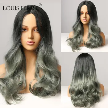 

LOUIS FERRE Long Ombre Black Gray Ash Heat Resistant Synthetic Wig for Women Natural Wave Dark Green Cosplay Party Daily Wigs