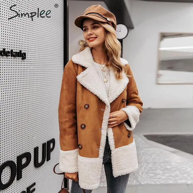 Miglior Simplee Vintage patchwork in pelle scamosciata cappotto di pelliccia delle donne di inverno di Autunno bottoni tasche femminile cappotto caldo Streetwear delle signore lunghe giacche