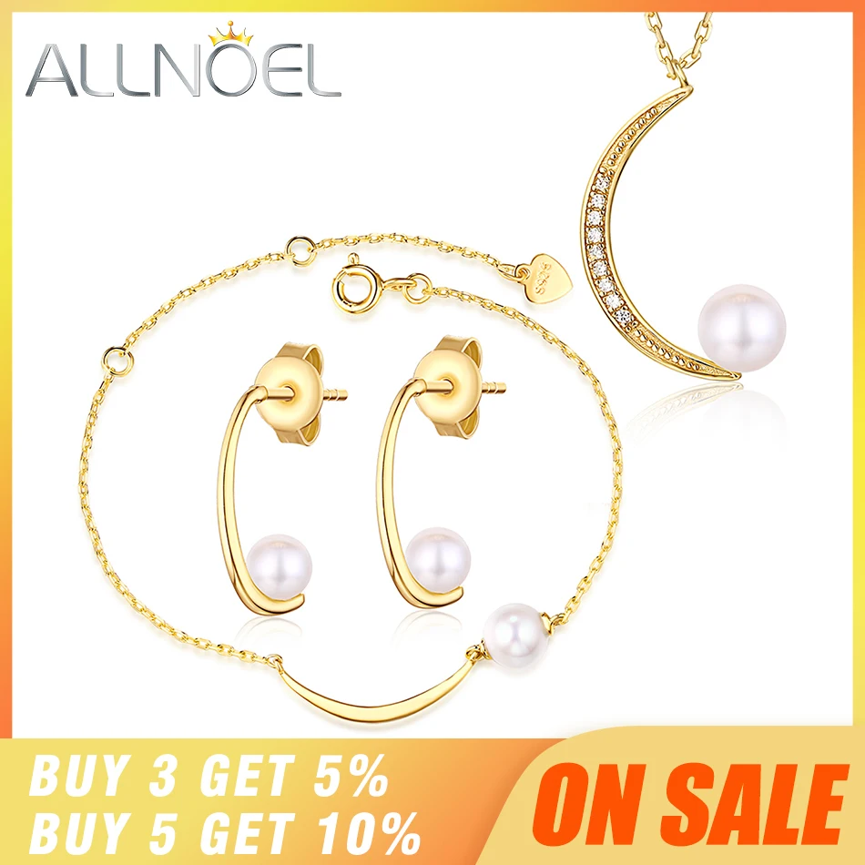 ALLNOEL, 925 пробы, серебро, тонкая форма Луны, с глянцевым жемчугом, золотой цвет, ожерелье, браслет, серьги, ювелирные наборы для женщин