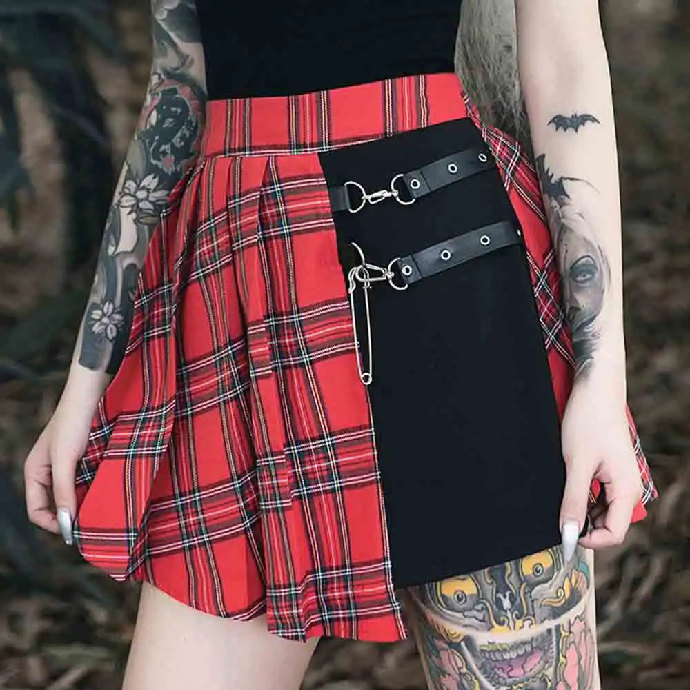

Summer Harajuku Women Fashion Skirts Black Red Patchwork Lattice Pleated Punk Style High Waist Female Short Skirt