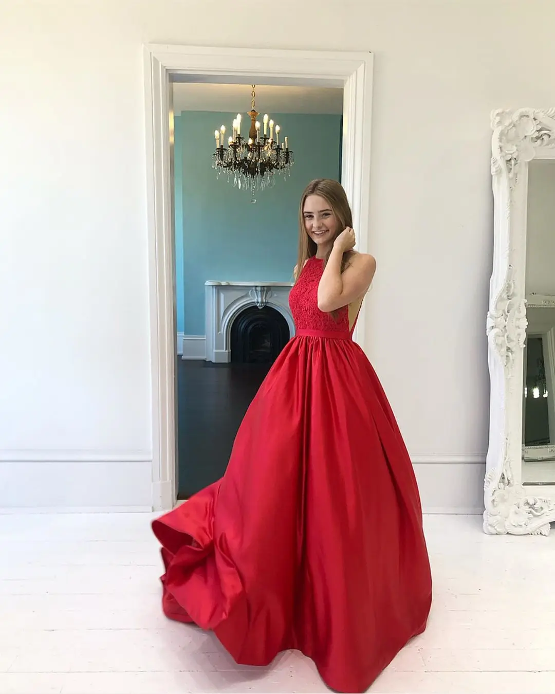 HONGFUYU, кружевной топ, круглый вырез, vestido de festa, длинное ТРАПЕЦИЕВИДНОЕ платье для выпускного вечера, es, Красное Атласное Вечернее платье без рукавов, официальное платье для выпускного вечера