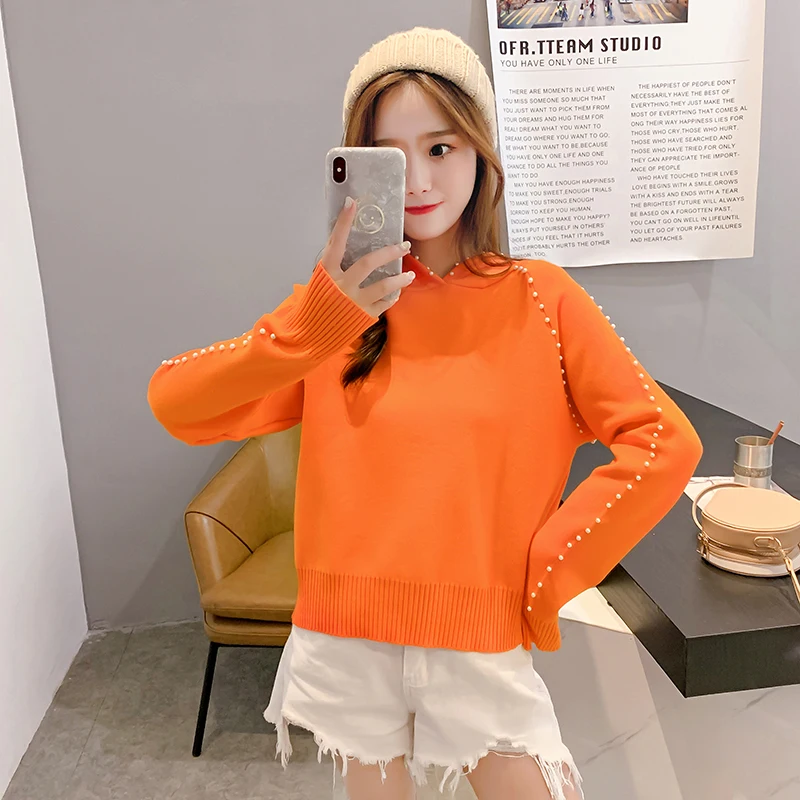 Pull femme nouveaute осенне-зимний свитер для женщин модный свитер с капюшоном и длинными рукавами, украшенный бисером пуловер женский свитер C244
