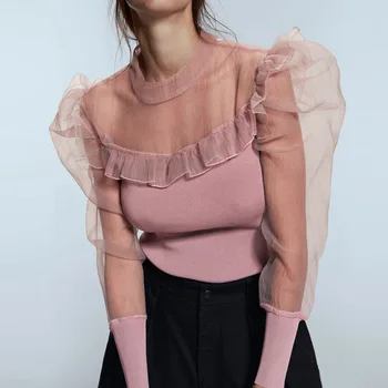 

Women O Neck Mesh Insert Puff Sleeve Tops Sping Fashion Slim Fit Long Sleeve T Shirt Elegant Sexy Shirt Color Pink Blusa